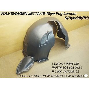 VOLKSWAGEN JETTA SEDAN (EXC GLI) FENDER LINER RIGHT (Passenger Side)(PE/VACUUM FORM) OEM#5C6805912L-PFM 2015-2018 PL# VW1249152